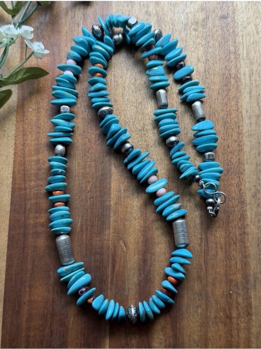 Sterling Silver Multi Stone Turquoise Nuggets Pearls Bead Necklace 26 Inch